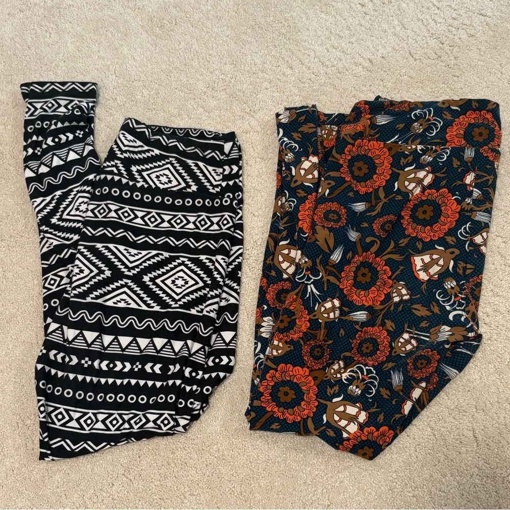 Lularoe Patterned Leggings Set of 2- Black & Orange/Floral-tall and curvy